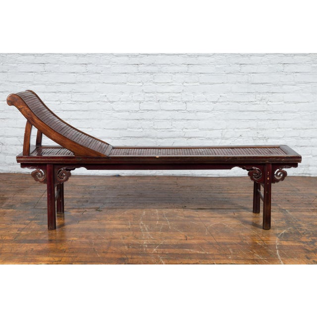 Chinese Mid 19th Century Chinese Qing Dynasty Elm & Bamboo Lounge Chair with Cloud Carved Spandrels For Sale - Image 3 of 12