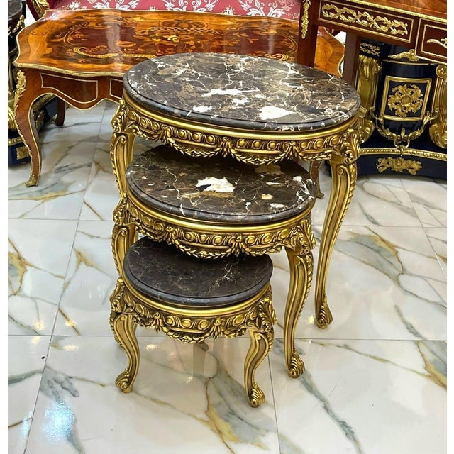 French French Style Nesting Tables – Set of 3 Marble With Gold Leaf Details For Sale - Image 3 of 4