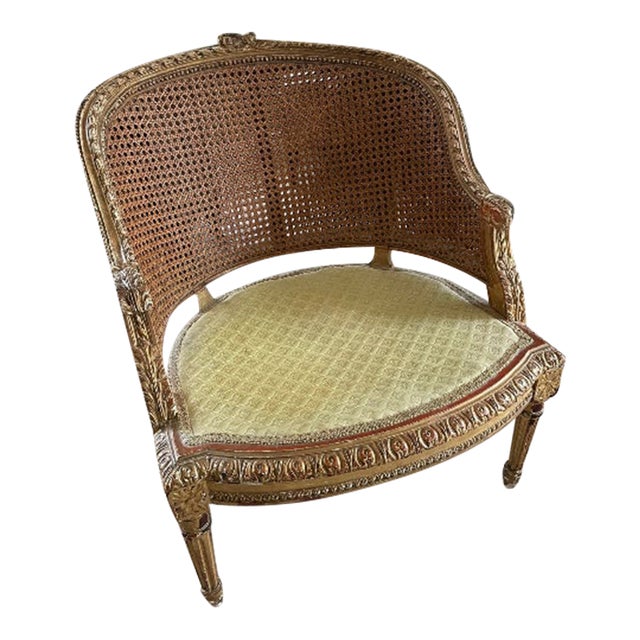 Antique Louis XV Style Gilded Cane Bergère Chair – Post‑1950 French Provincial Elegance For Sale