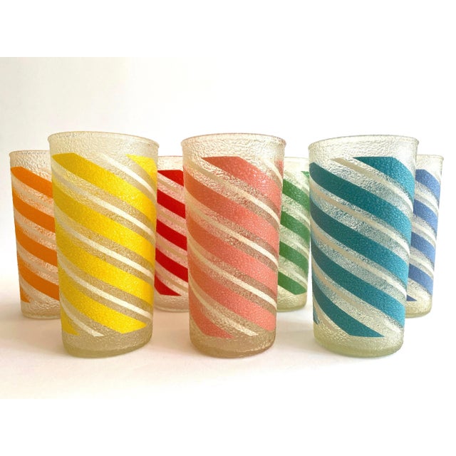 Glass Vintage Mid Century Modern Candy Stripe Multicolor Frosted Tumbler Glasses- Set of 7 For Sale - Image 7 of 13