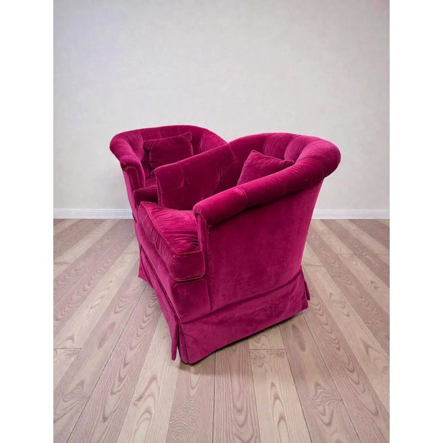 Textile Vintage Mid Century Velvet Tufted Back Barrel Arm Chairs ~ a Pair For Sale - Image 7 of 10