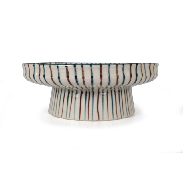 Mid-Century Modern MCM Japandi Style Hand Painted Ceramic Pedestal Bowl Catchall For Sale - Image 3 of 9