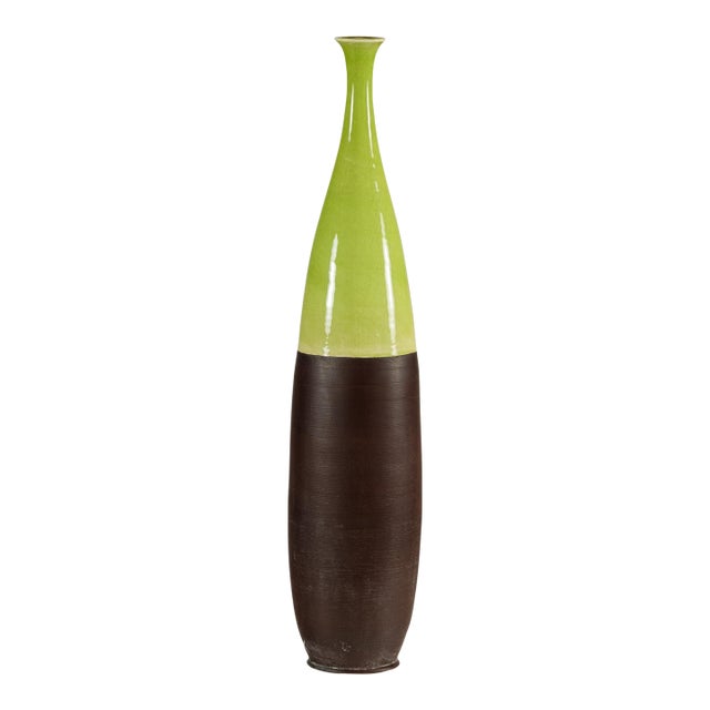 Tall Artisan Ceramic Vase with Glossy Green and Matte Brown Glaze For Sale