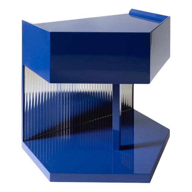 Last Call Nightstand in Glossy Blue Lacquered MDF & Flute Mirror by Softhouse For Sale