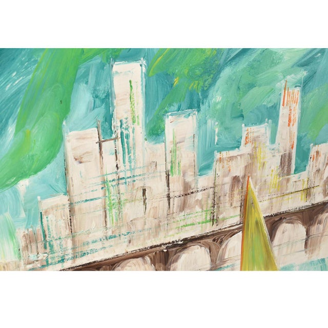 Wood LeMark Mid-Century Modern Aqua Blue White and Green Nautical Harbor Painting For Sale - Image 7 of 9