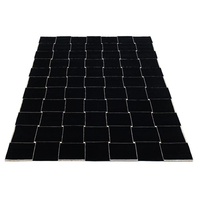 Modern Minimalist Black & Ivory Geometric Grid Wool Area Rug 10x14 For Sale - Image 11 of 12