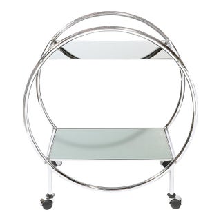 Art Deco Style Round Form Tubular Two-Tier Bar Cart in Chrome and Smoked Mirror For Sale