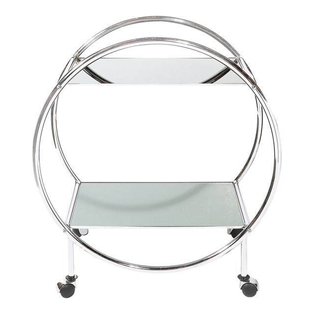Art Deco Style Round Form Tubular Two-Tier Bar Cart in Chrome and Smoked Mirror For Sale