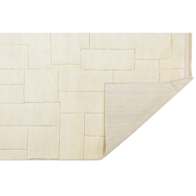 Moroccan Contemporary Sculpted Ivory Moroccan Wool Rug Hand-Knotted Geometric High-Low For Sale - Image 3 of 12