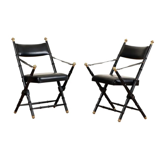 French Campaign-Style Leather Folding Chairs With Faux-Bamboo Frames - a Pair For Sale - Image 9 of 9