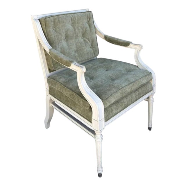Directoire Style Nancy Corzine White Painted Green Chenille Upholstered Arm Chair - 1 of 6 For Sale