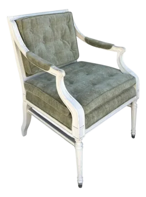 Directoire Style Nancy Corzine White Painted Green Chenille Upholstered Arm Chair - 1 of 6
