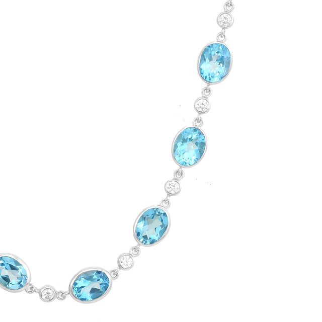 Art Deco Oval Cut Blue Topaz Station Necklace With Curb Link Chain For Sale - Image 3 of 11