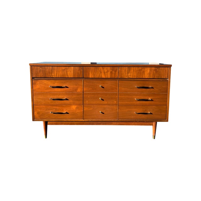 Mid Century Modern Vintage Lowboy Long Dresser With Brass Hardware Great design! Beautiful wood with brass/black hardware....