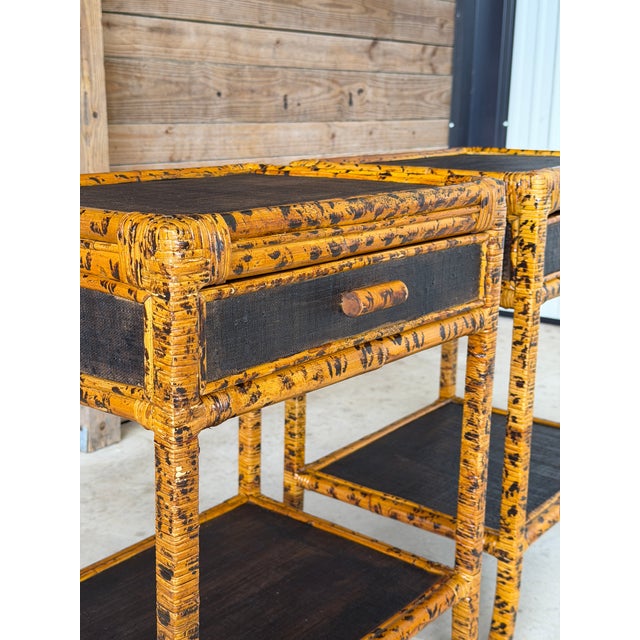Pair Vintage British Colonial Tortoise Finish Rattan & Grasscloth Nightstands For Sale - Image 9 of 12