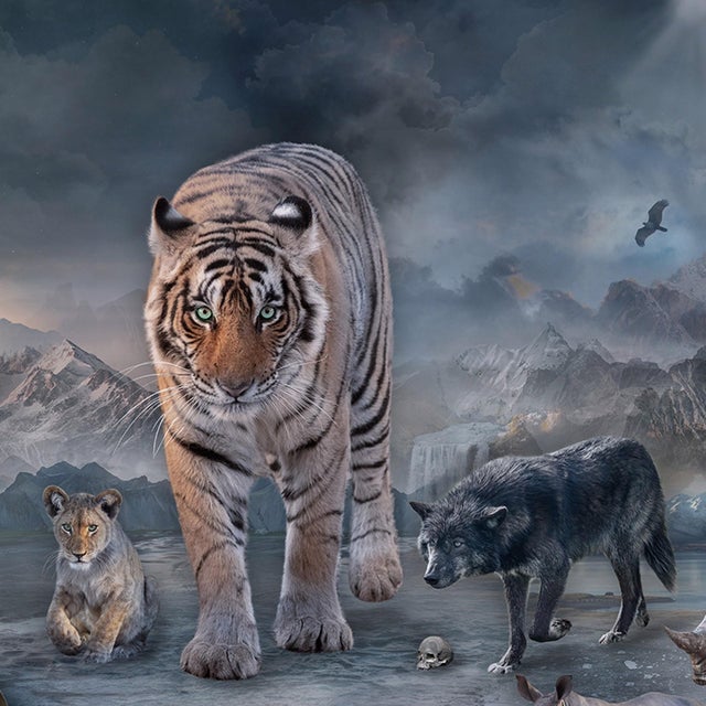 Protect What You Love presents a surreal tableau where a majestic tiger strides through a dreamlike landscape inhabited by...