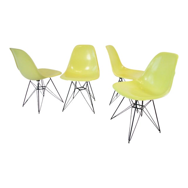 Mid 20th Century Eames Yellow Fiberglass DSR Chairs on Black Eiffel Tower Bases - Set of 4 For Sale