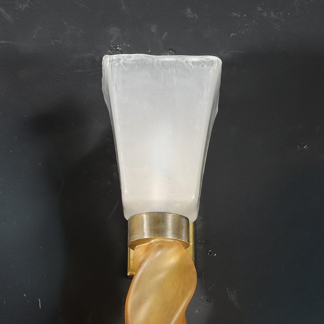 Mid-Century Hand-Blown Murano Frosted Glass Sconces With Spiral Amber Drop For Sale - Image 4 of 18