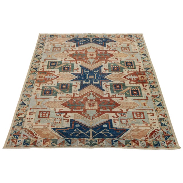 Modern Kazak Style Hand-Knotted Wool Rug – Geometric Tribal Design in Terracotta For Sale In New York - Image 6 of 8