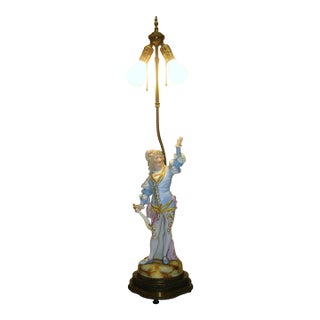 1900s Table Lamp Gilded Dresden Porcelain Figurine Masquerade Ball Renaissance For Sale