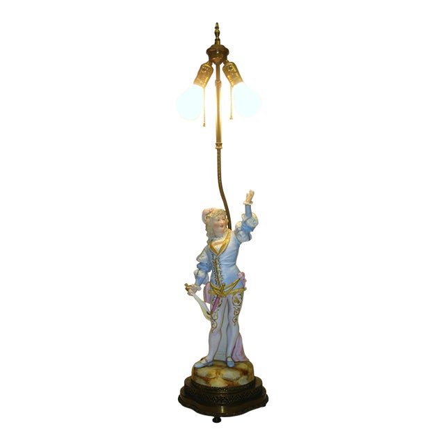 1900s Table Lamp Gilded Dresden Porcelain Figurine Masquerade Ball Renaissance For Sale