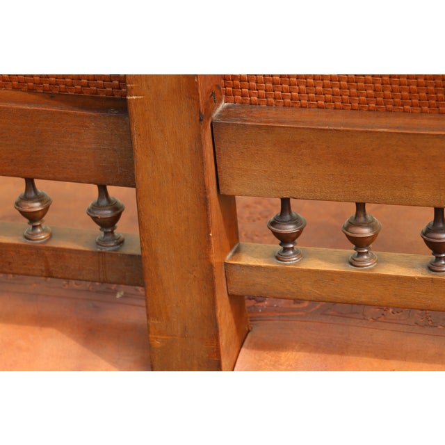 Early 20th Century Spanish Colonial Style Carved Wood and Tooled Leather Long Bench For Sale - Image 12 of 18