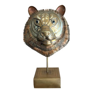 Mid 20th Century Large Sergio Bustamante Brass & Copper Tiger Head Sculpture, Signed & Numbered 88/100 For Sale