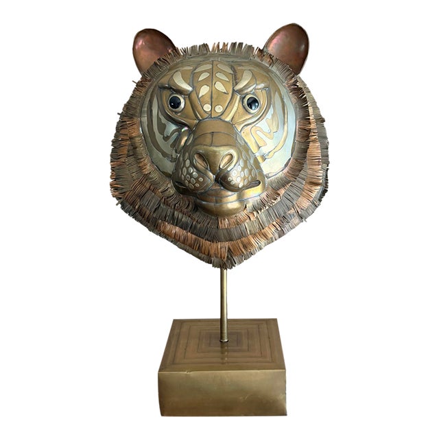 Mid 20th Century Large Sergio Bustamante Brass & Copper Tiger Head Sculpture, Signed & Numbered 88/100 For Sale