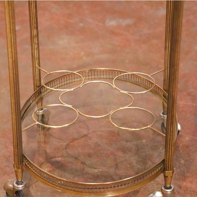 Glass Mid-Century French Brass Oval Bar Cart With Bottle Holder and Glass Shelf For Sale - Image 7 of 7
