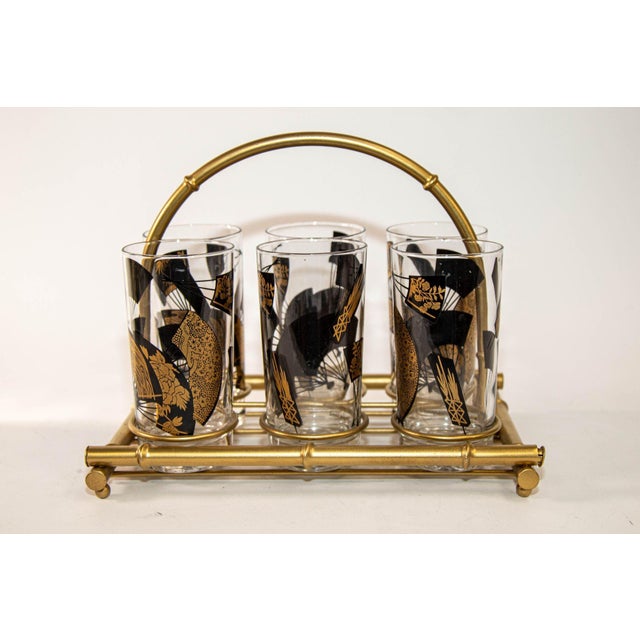 Set of Six Jules Jurgensen Black & Gold Highball Glasses in Faux Bamboo Carrier For Sale - Image 17 of 18
