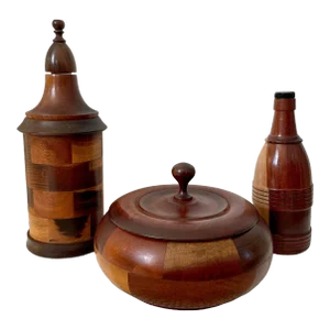 Vintage Segmented Wood Decanter Bar Set. Set of Three.
