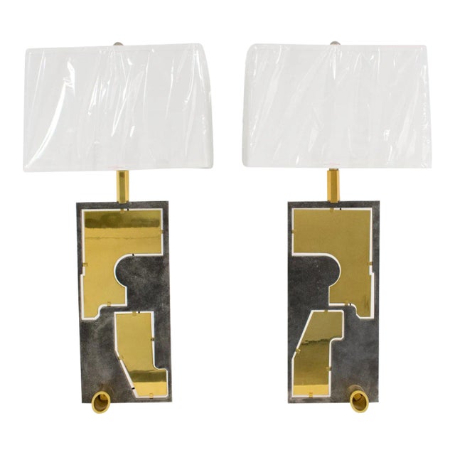 French Industrial Brutalist Brass and Steel Table Lamp - A Pair For Sale