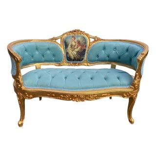 1970 French Louis XVI Gold Beech Velvet Settee - 1 Pc For Sale