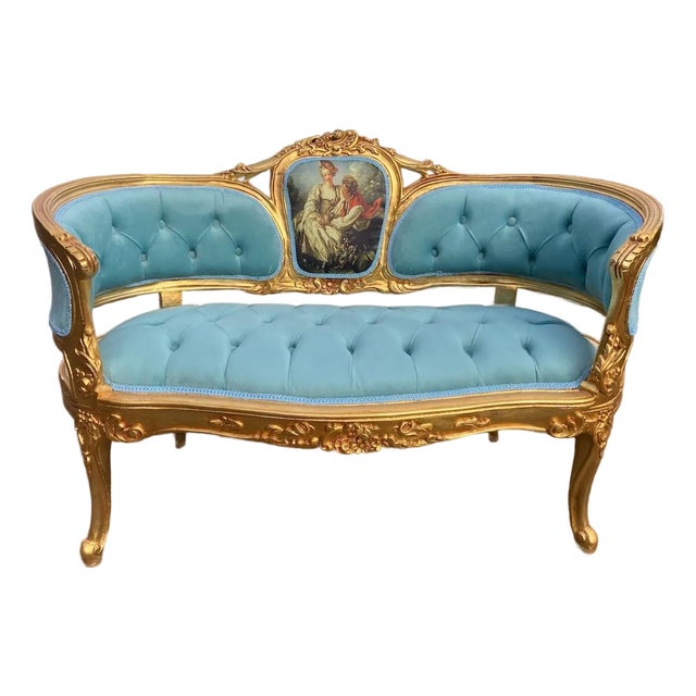 1970 French Louis XVI Gold Beech Velvet Settee - 1 Pc For Sale