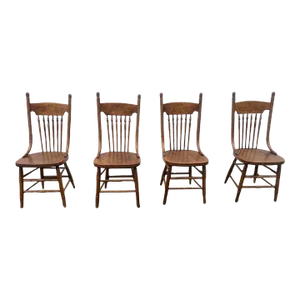 Vintage Farmhouse Style Oak Press Back Dining Chairs, 1970s, Set of 4