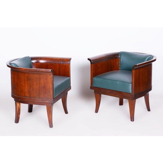 Art Deco Oak Armchairs with Leather Upholstery, 1920s, Set of 4 For Sale - Image 3 of 9