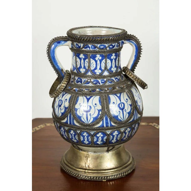Antique Moroccan Footed Vase, Blue & White Ceramic With Filigree For Sale - Image 9 of 9