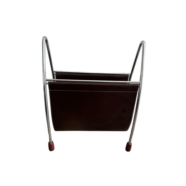 Mid-Century Modern 1990s Swing Leather and Chrome Magazine Rack For Sale - Image 3 of 9
