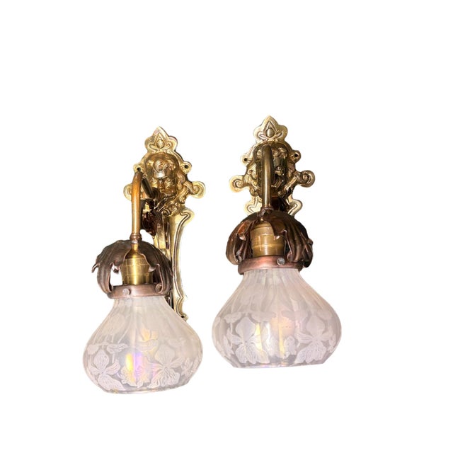 Metal 1900 Art Nouveau Brass and Copper Sconces With Antique Floral Irridescent Shades #2618 - a Pair For Sale - Image 7 of 14