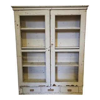 Antique French Hand-Painted Bookcase/Cabinet - Distressed White, Beaded Trim, Double Door For Sale