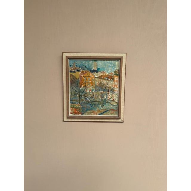 Original Swedish Oil on Canvas – “City Scene” by Rune Person – Signed – Vintage & Framed – 39 × 43 cm (15.4" × 16.9") A...