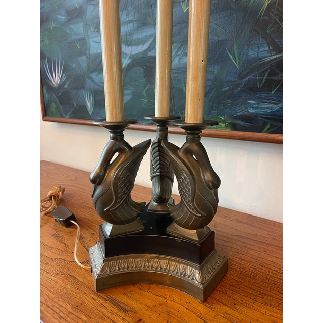 Late 20th Century Vintage Ethan Allen Swan Motif Brass Table Lamp | For Sale - Image 5 of 12