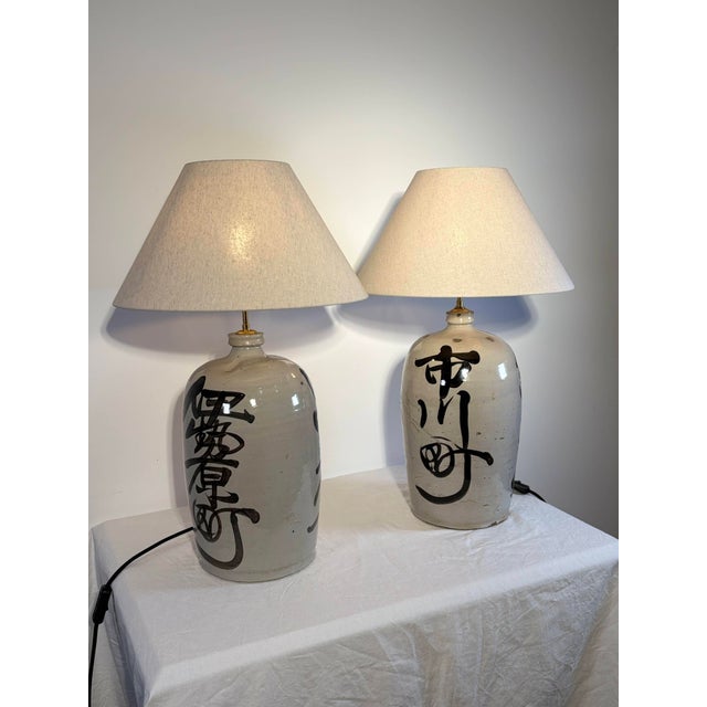 Japanese Sake Jar Lamps in Glazed Stoneware, 1920s, Set of 2 For Sale - Image 11 of 15