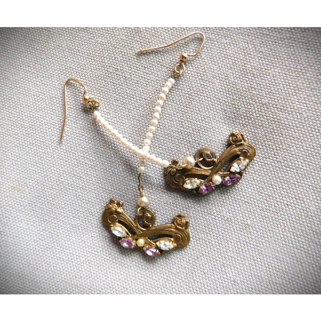 1990s Vintage Seed Pearl, Amethyst and Crystal Long Drop Earrings For Sale - Image 5 of 10