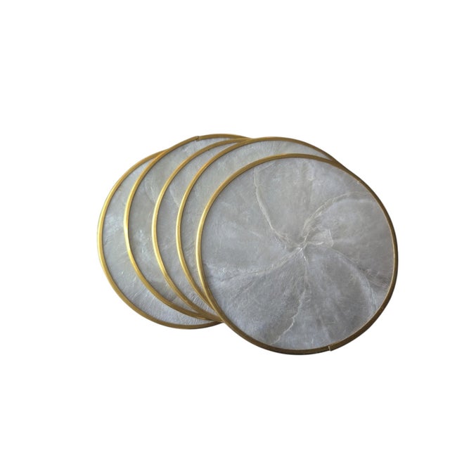Set of 5 Coastal Capiz Shell Round Coasters with Gold Metal Trim Each Coaster measures 4" x 4"