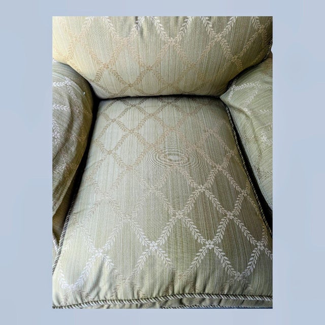 Gold 1980s Elegant Custom Made Gold Trellis Pattern Deep Seat Armchair With Bullion Fringe and Slip Covers For Sale - Image 8 of 10