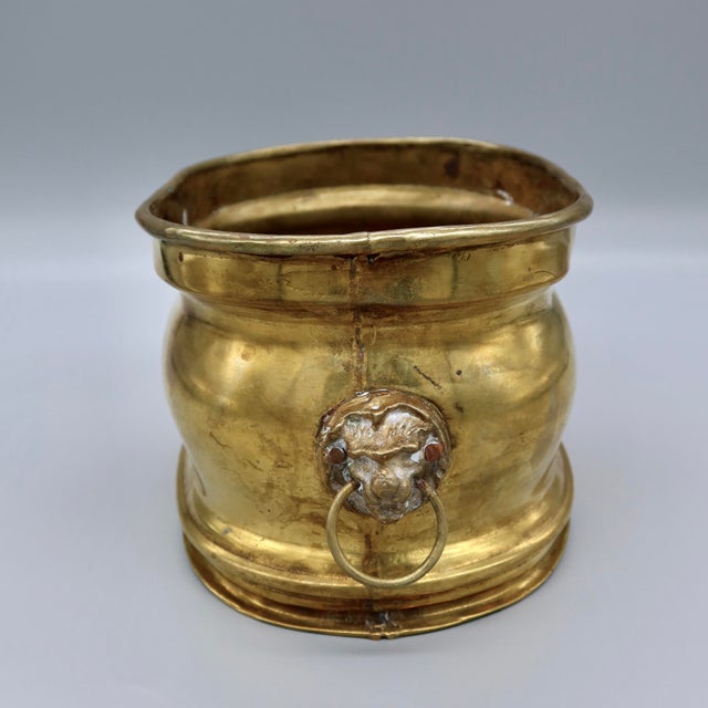 Vintage Gilt Metal Oval Cachepot Planter With Lion Head Ring Handles For Sale - Image 4 of 11