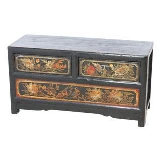 Chinese Polychrome Hand Painted Low Chest With Garden Birds & Fruit 20thC For Sale