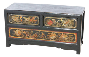 Chinese Polychrome Hand Painted Low Chest With Garden Birds & Fruit 20thC