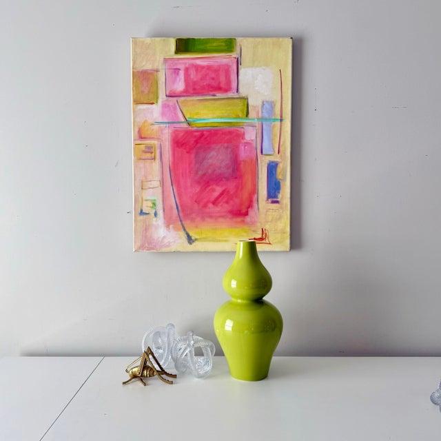 Textile 1970s Pink Green and Yellow Geometric Abstract Oil Painting on Stretched Canvas For Sale - Image 7 of 7